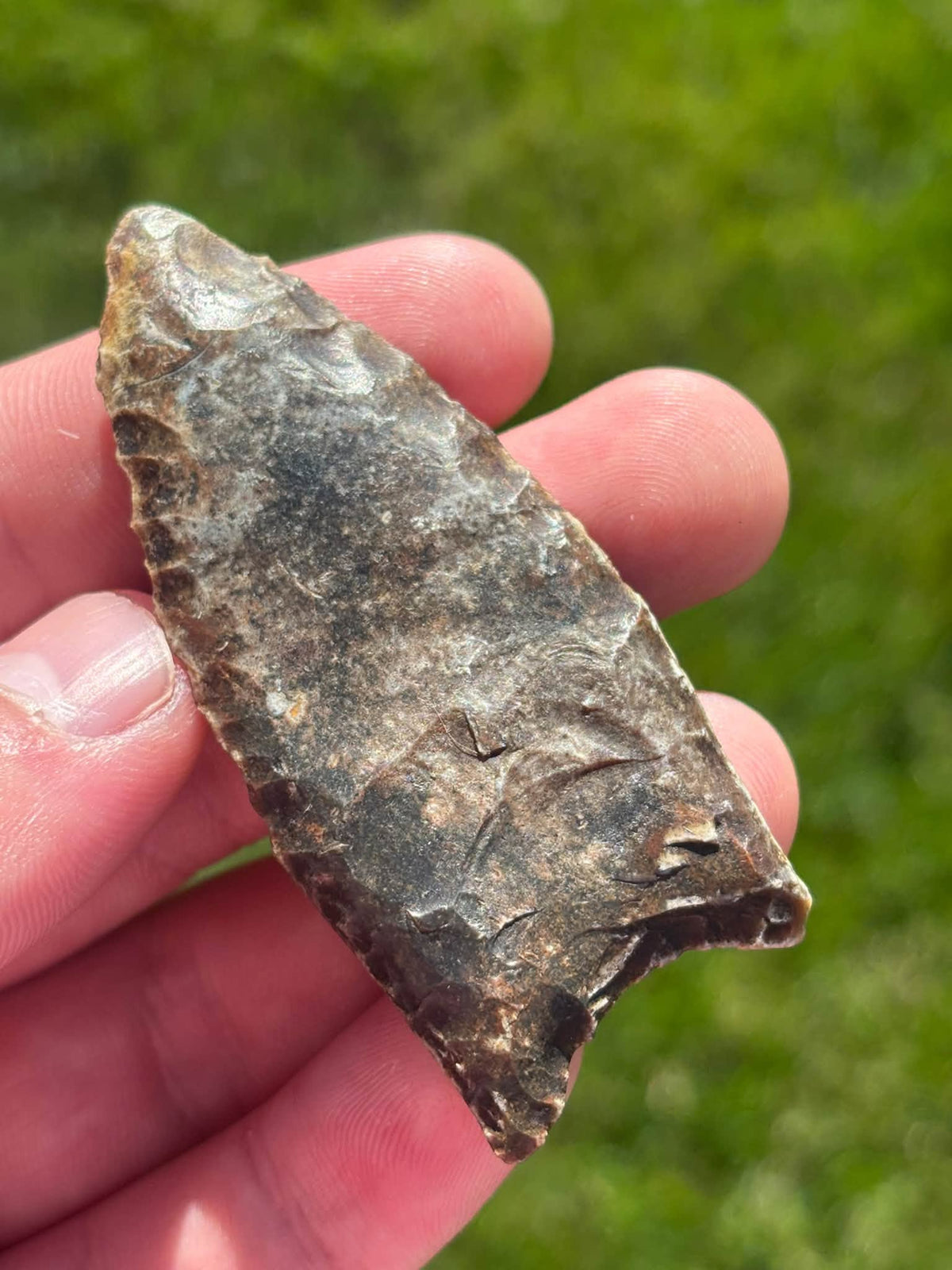 River Candy Clovis reverse face held upright in a hand, showing its tip and concave base.