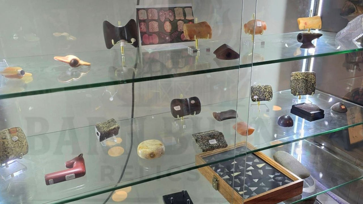 Birdstones, bannerstones, pipes and points in the Barn Burner Relics display case