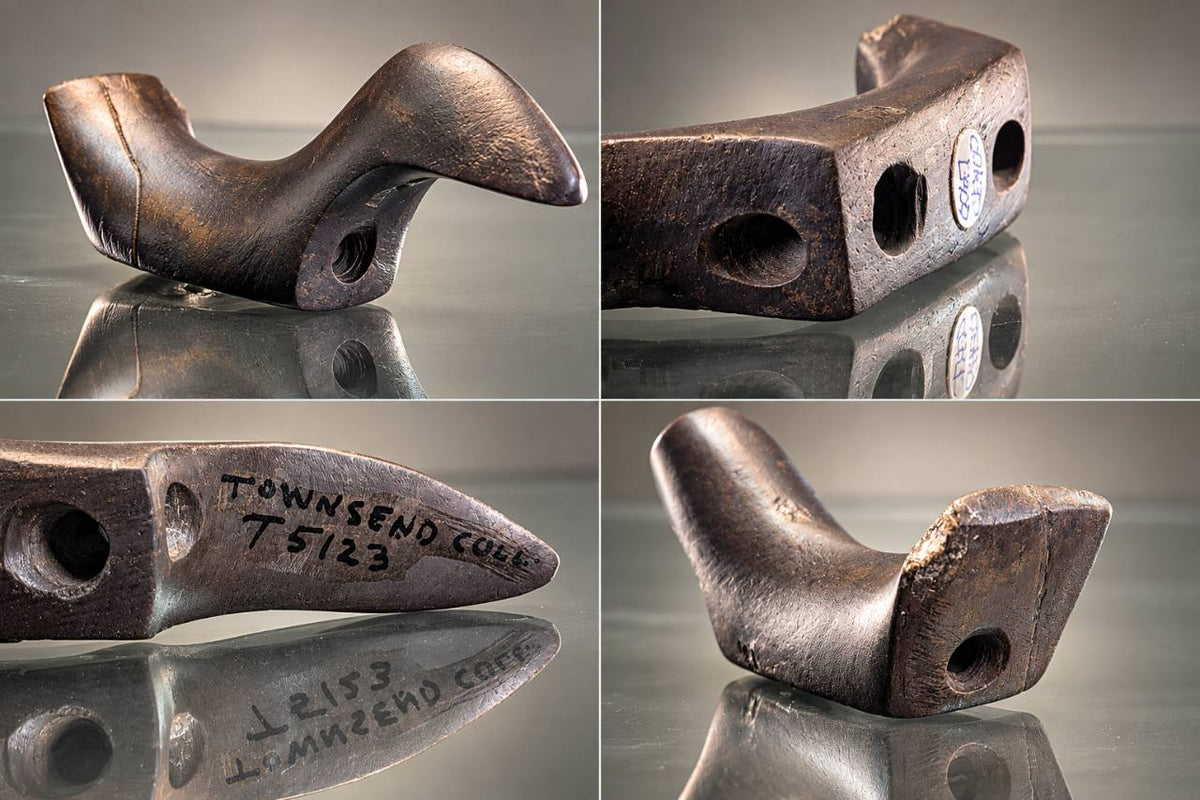 Four-view collage of the Clermont County Ohio birdstone with Townsend marking and underside details