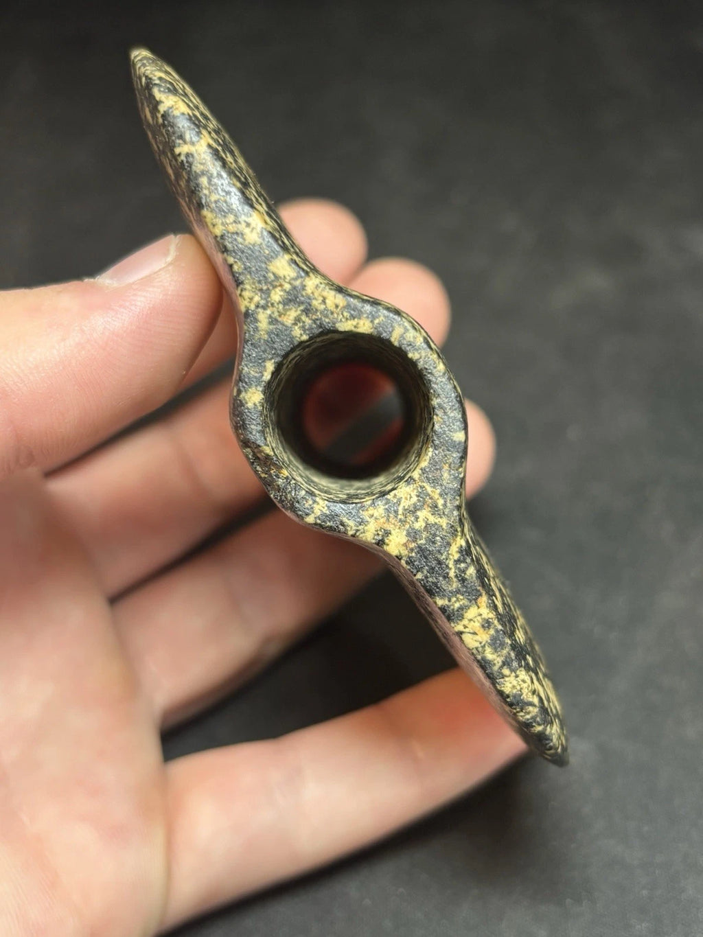 Speckled black and white bannerstone from Crawford County, Missouri — view 4