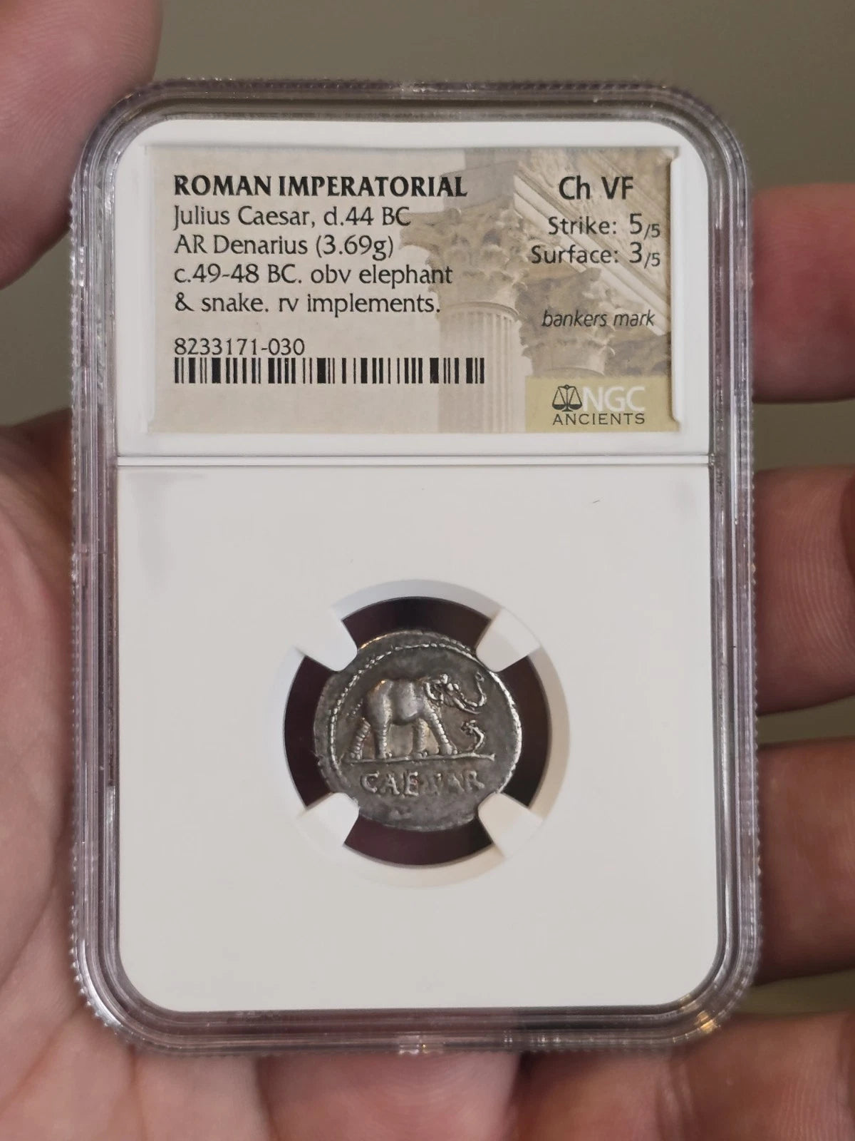 Julius Caesar AR Denarius — Elephant & Snake, NGC Ch VF — view 2