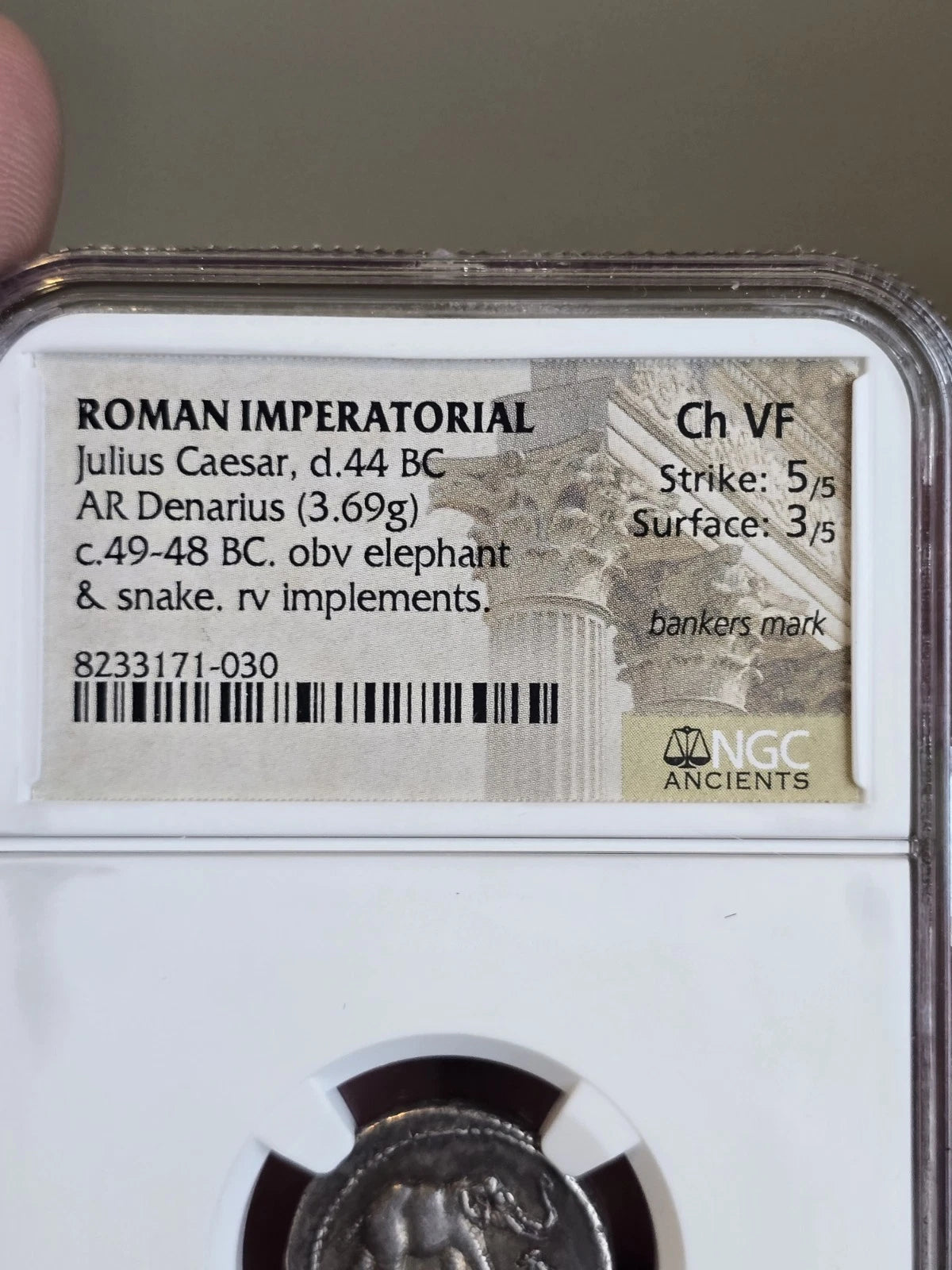 Julius Caesar AR Denarius — Elephant & Snake, NGC Ch VF — view 3