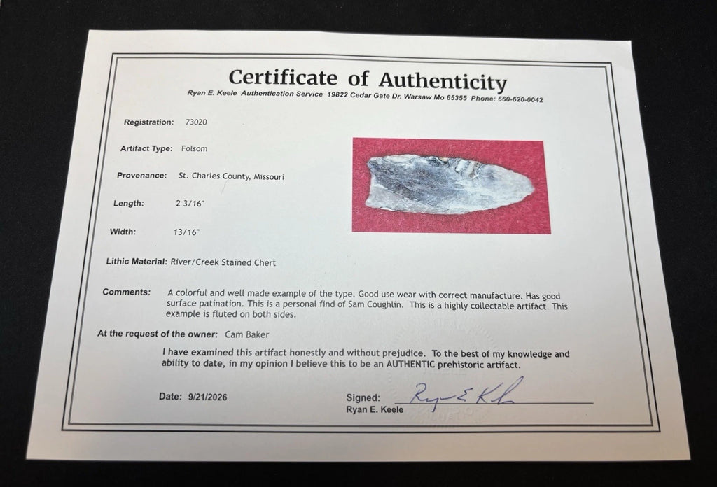Ryan Keele certificate of authenticity for the St. Charles County Folsom point