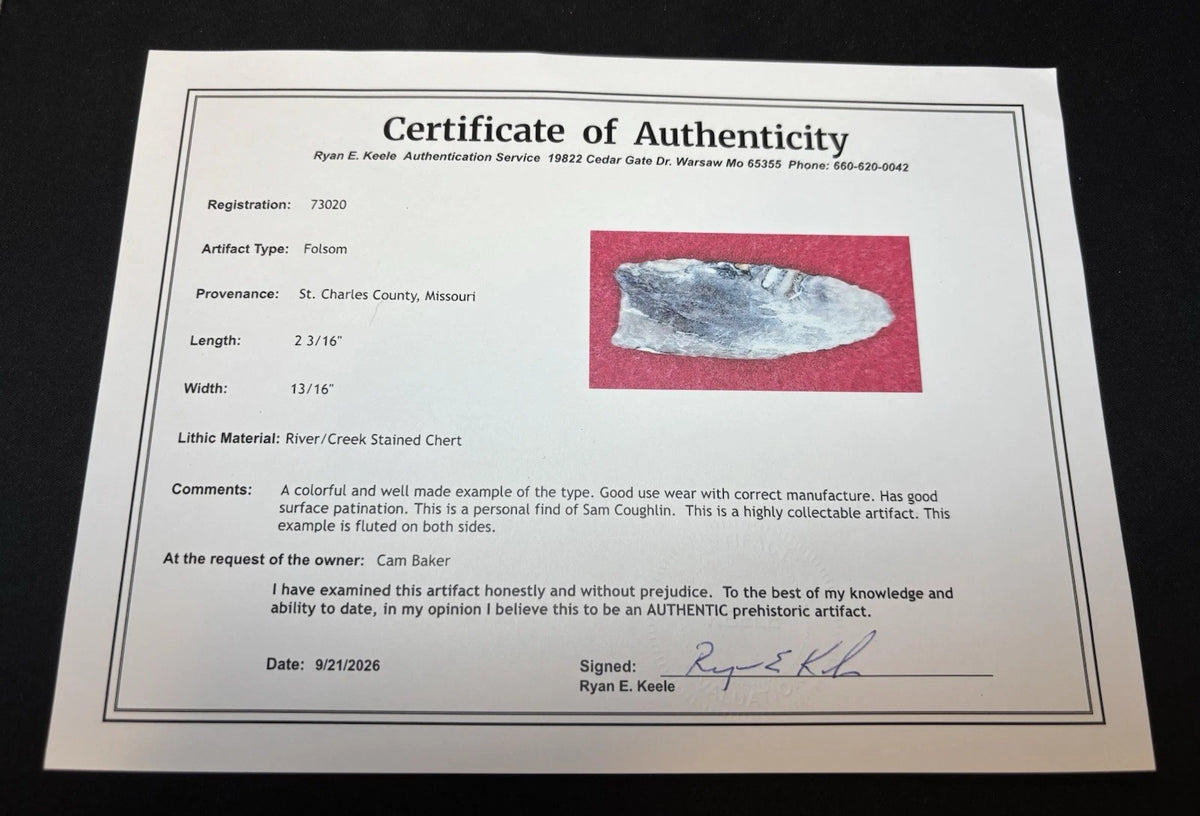 Ryan Keele certificate of authenticity for the St. Charles County Folsom point