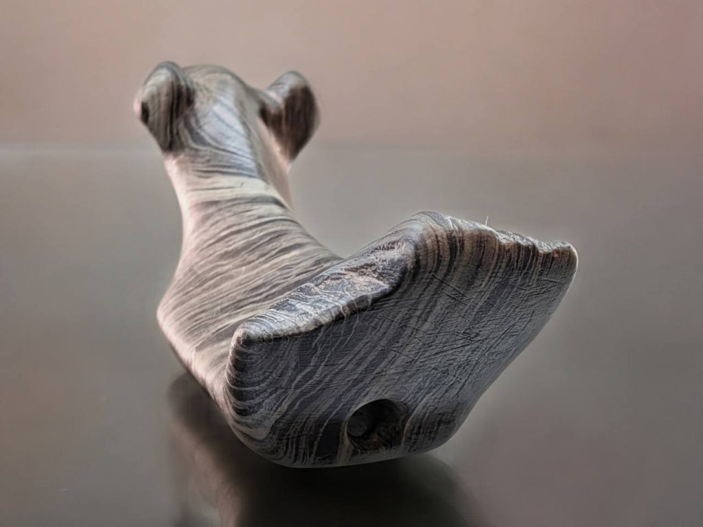 Rear view of the Illinois Popeye birdstone showing the raised tail and basal hole